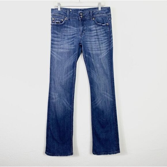 Miss Me Dark Wash Low Rise Rhinestone Embellished Flap Pocket Bootcut Jeans - Picture 2 of 8